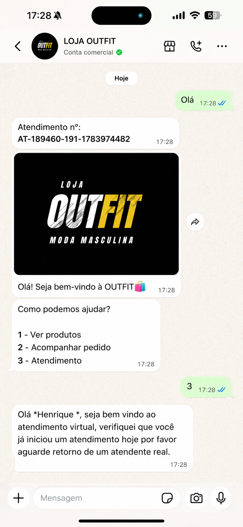 Atendimento automatizado da Loja Outfit pelo WhatsApp